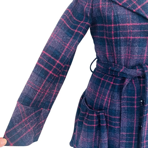 🛑SOLD BERMAN BLACK Plaid Wool Ruffle Peacoat in Navy/Purple Size S - Picture 4 of 11